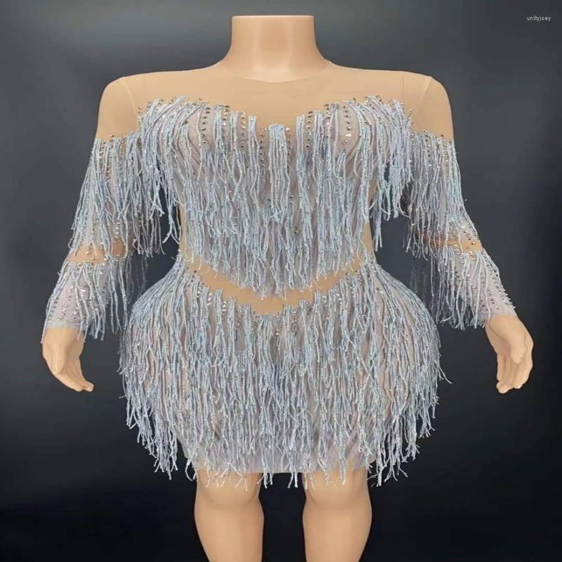 

Casual Dresses 7 Colors Fringes Long Sleeves Dress Singer Dancer Sexy Tassel Performance Costume Women's Stretch Outfit Latin Dance Wear, Blue