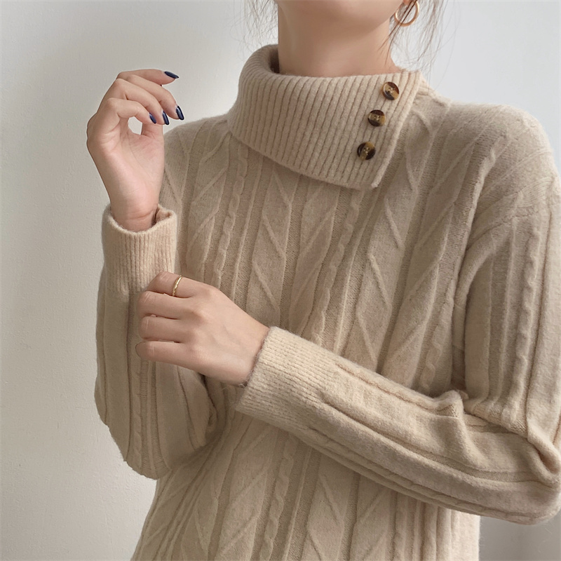 

3168 New autumn winter twisted design sense turtle neck women's loose thick underwear knitwear 4 colors regular length warm soft buttons decorated neck top sweater, Brown