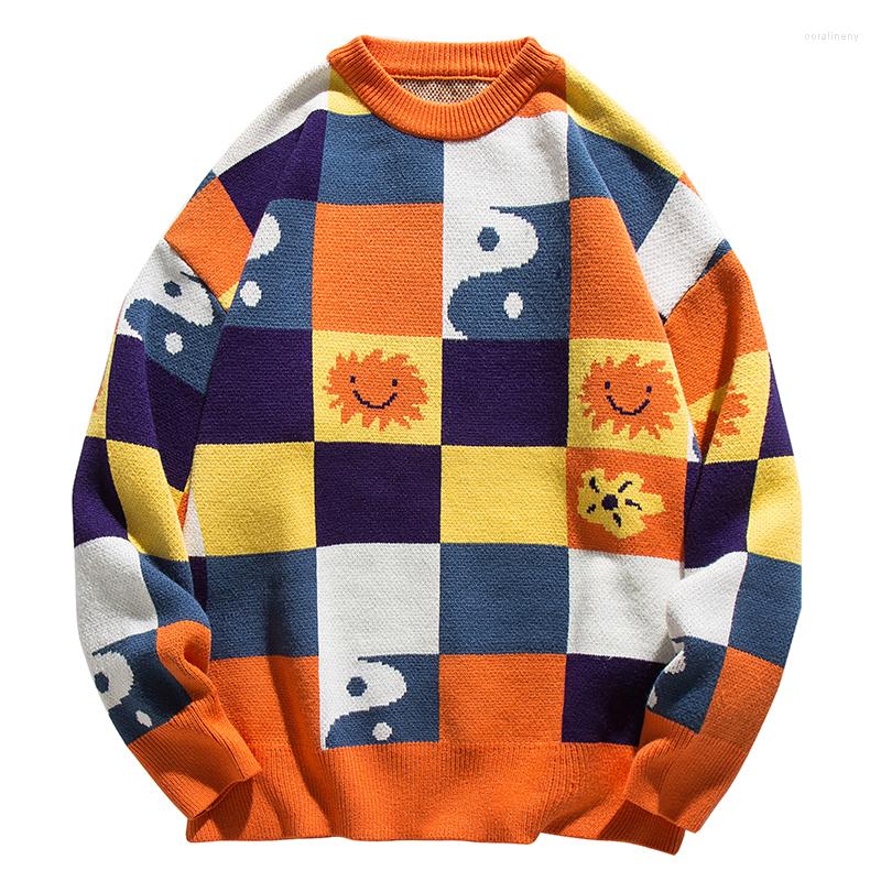 

Men's Sweaters Men Oversized Contrasting Plaid Tai Chi Print Women Vintage Retro Knitted Sweater Autumn Cotton Pullovers Unisex, Orange