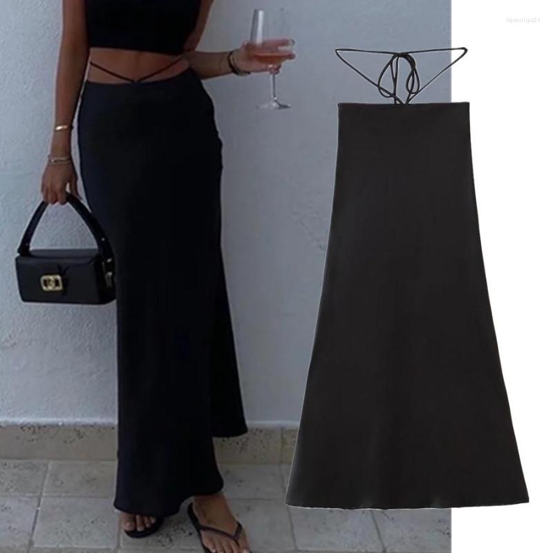 

Skirts Dave&Di Mujer Moda 2022 England Satin Black Fashion Skirt Women LongIns Blogger Sexy Bandage MIdi Faldas Womens