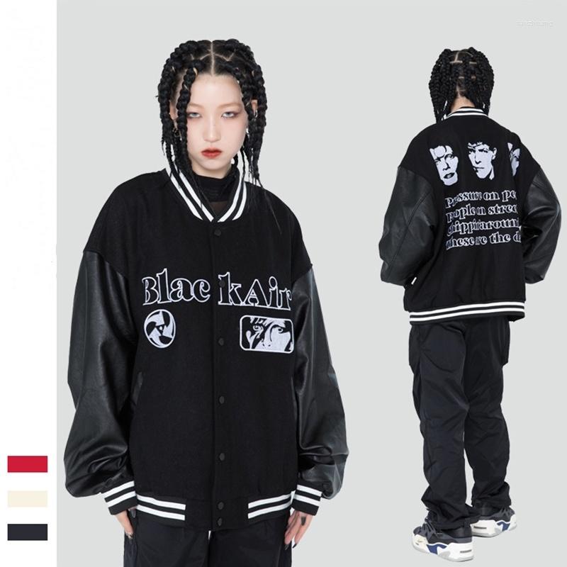 

Men's Jackets Street Hipster Fashion Couple Bomber Jacket PU Sleeves Autumn And Winter Retro Embroidery Portrait Color Block Baseball, Beige
