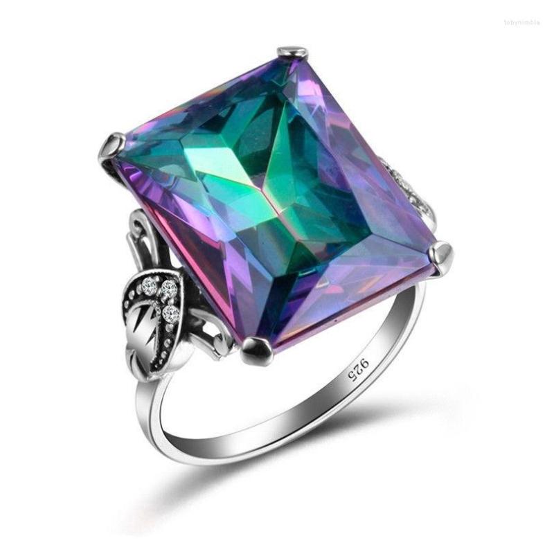 

Wedding Rings Mysterious Rainbow Big Square Zircon For Women Silver Color Ring Fashion Luxury Jewelry Gifts