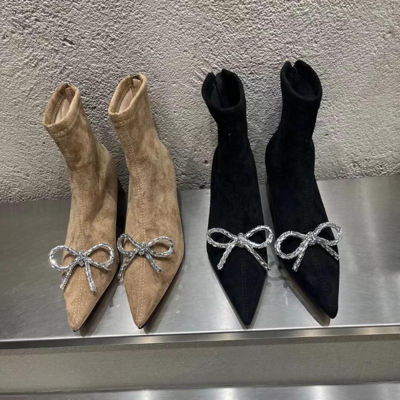 

Boots Fashion Women Ankle Sock Booties Pointed Toe Black Brown Back Zipper Rhinestone Bow Design Thin Mid Heels Stretch Shoes