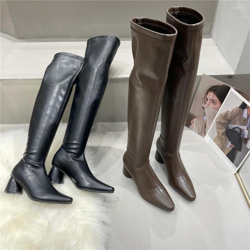 

Boots Pointed Toe Women Over The Knee Black Beige Sock Stretch Shoes Botas Round Mid Heels 2023 Winter Arrivals Dress Pumps, Black 1