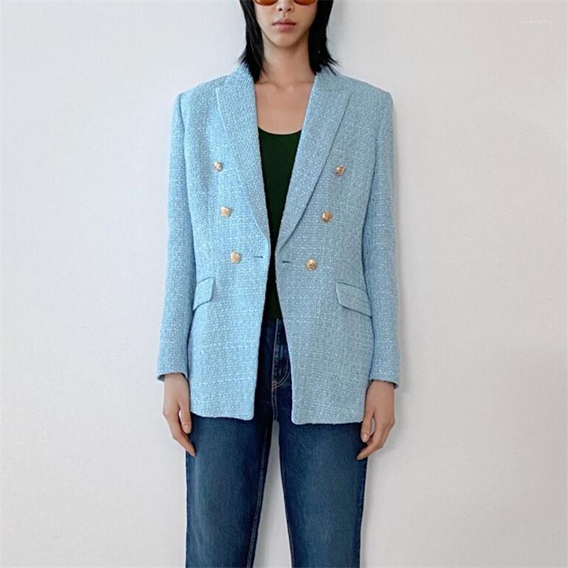

Women's Suits PB&ZASpring Women's Vintage Versatile Solid Lapel Long Sleeve Flap Pocket Double Breasted Textured Blazer, Sky blue
