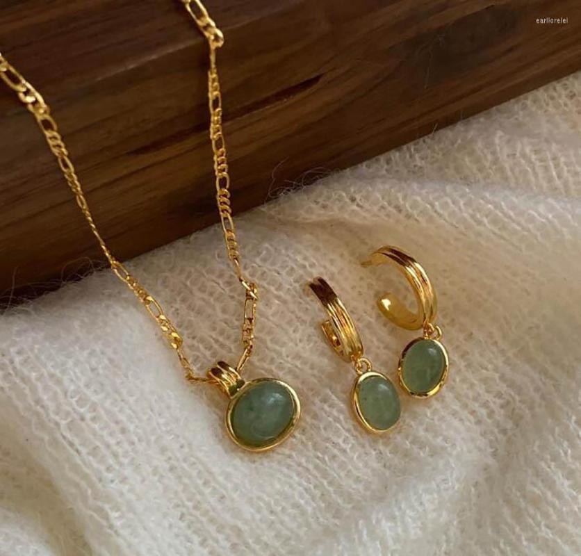 

Necklace Earrings Set Green Waterdrop Vintage Simple Collarbone Chain Sweater S925 Elegant Women Tender Summer Jewelry, Picture shown