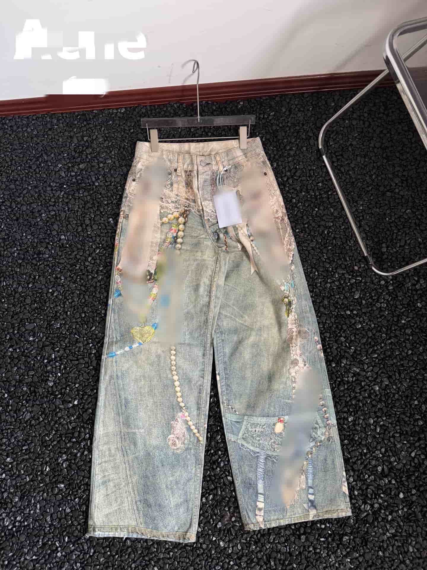 Designer men's and women's pearl chain element craftsmanship jeans classic design retro fashion versatile