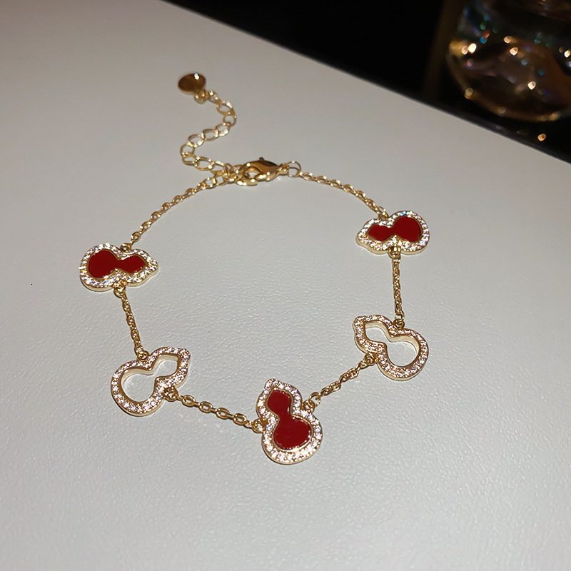Women's Chinese-Style Gourd Bracelet, Gold-Plated Brass and Copper Fashion Jewelry with White Diamond, Red and Clear Stone Accents, 5R Rope Chain, P