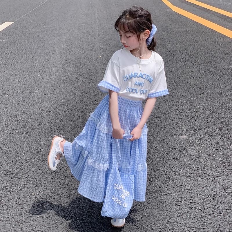 D283 Girls&#039; summer T-shirt suit for middle and large children, pure T, fashionable and casual plaid skirt, short-sleeved skirt, loose casual-image-1073370052