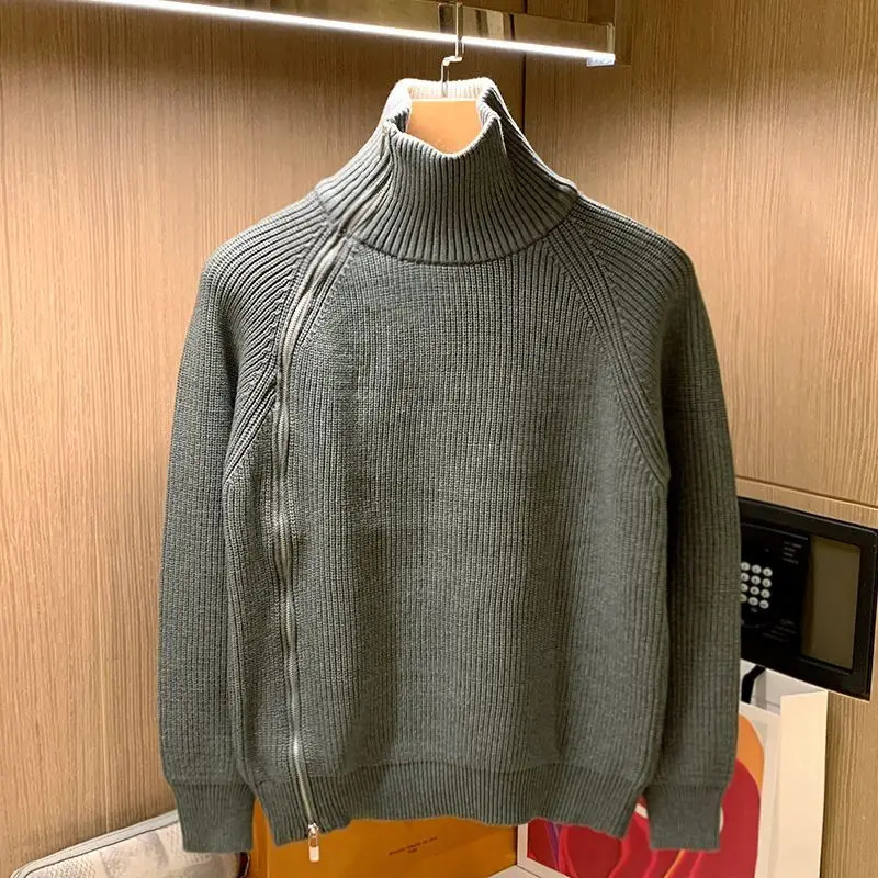 Trendy Solid Color Half Turtleneck Sweater for Men in Winter Personalized Side Zipper Sweater Warm Top 250919BJ