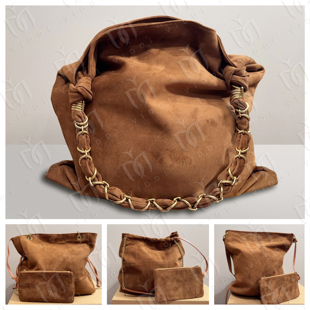 Luxury Vintage Designer Suede bag Women Large Capacity Slouchy Handbag Crossbody bag Drawstring bucket bag Trendy Suede Hobo tote bag Weekend bag-image-915392061