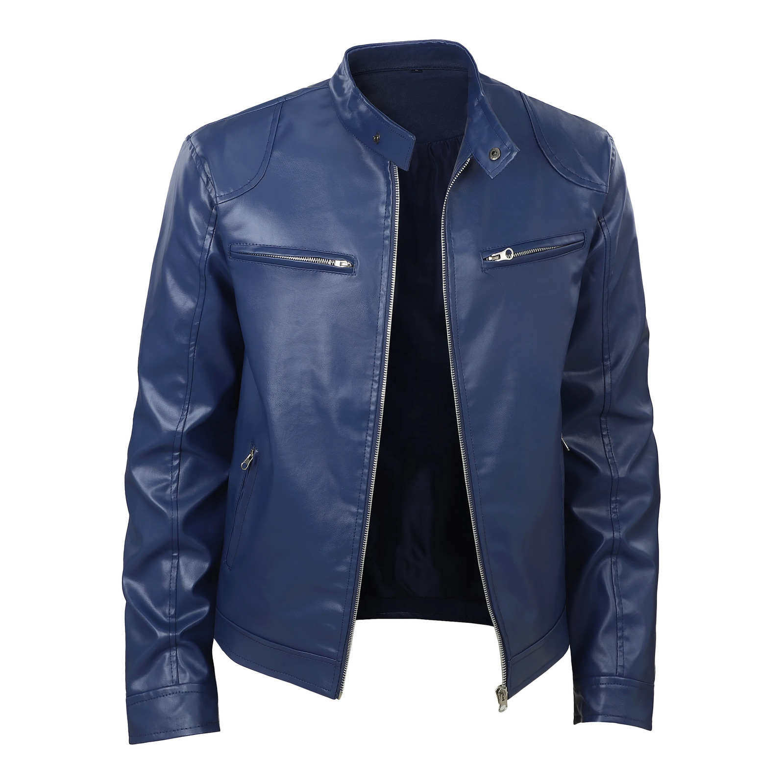 Mens casual motorcycle leather jacket fashionable black small stand up collar long sleeved zipper multiple pockets comfor 250920