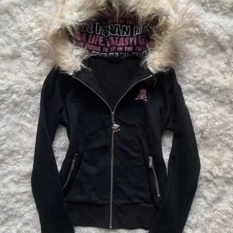 High street retro women hooded winter item Harajuku multifunctional long sleeved wool warm zipper Gothic Y2K long sleeved 250920