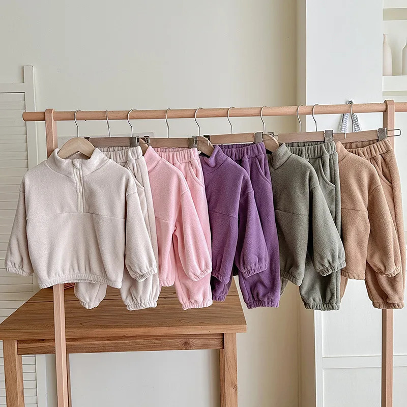 Autumn Children Girls 2PCS Clothing Set Cotton Fleece Stand Collar Pullovers Suits Loose Sports Pant Tracksuit Kids Girl Outfits H251208-image-1087662354