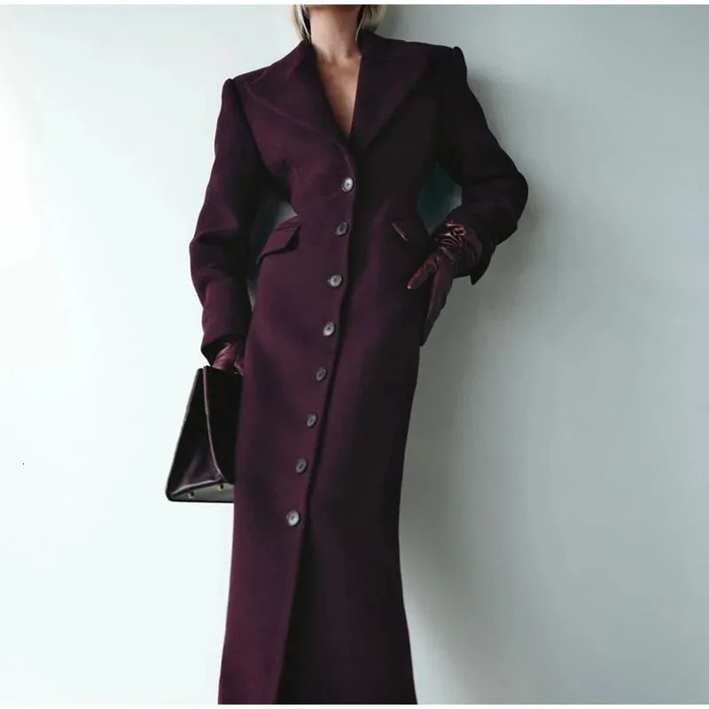 Fashionable High Waisted Flip Pocket Long Coat Elegant Burgundy Collar Single Chest Wool Blend Womens Clothing 250902BJ
