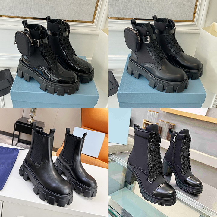 Designer Boots Men Women Luxury Brand Monolith shiny Detachable Nylon Pouch Combat Shoes nylon Hailf Outdoor Thick Bottom Mid-length Boot size 35-47