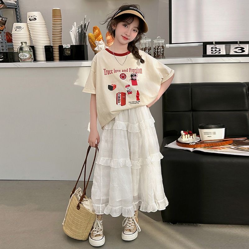 D289 Girls&#039; short-sleeved T-shirt summer clothes 2025 new style girls&#039; big children&#039;s fashionable cotton tops children&#039;s skir-image-1073494554