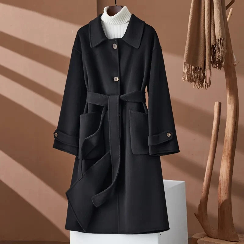 Autumn Winter Woolen Jacket Female Overcoat DoubleSided Wool Coat Womens Long Belt SingleBreasted Wool Windbreaker 250902BJ