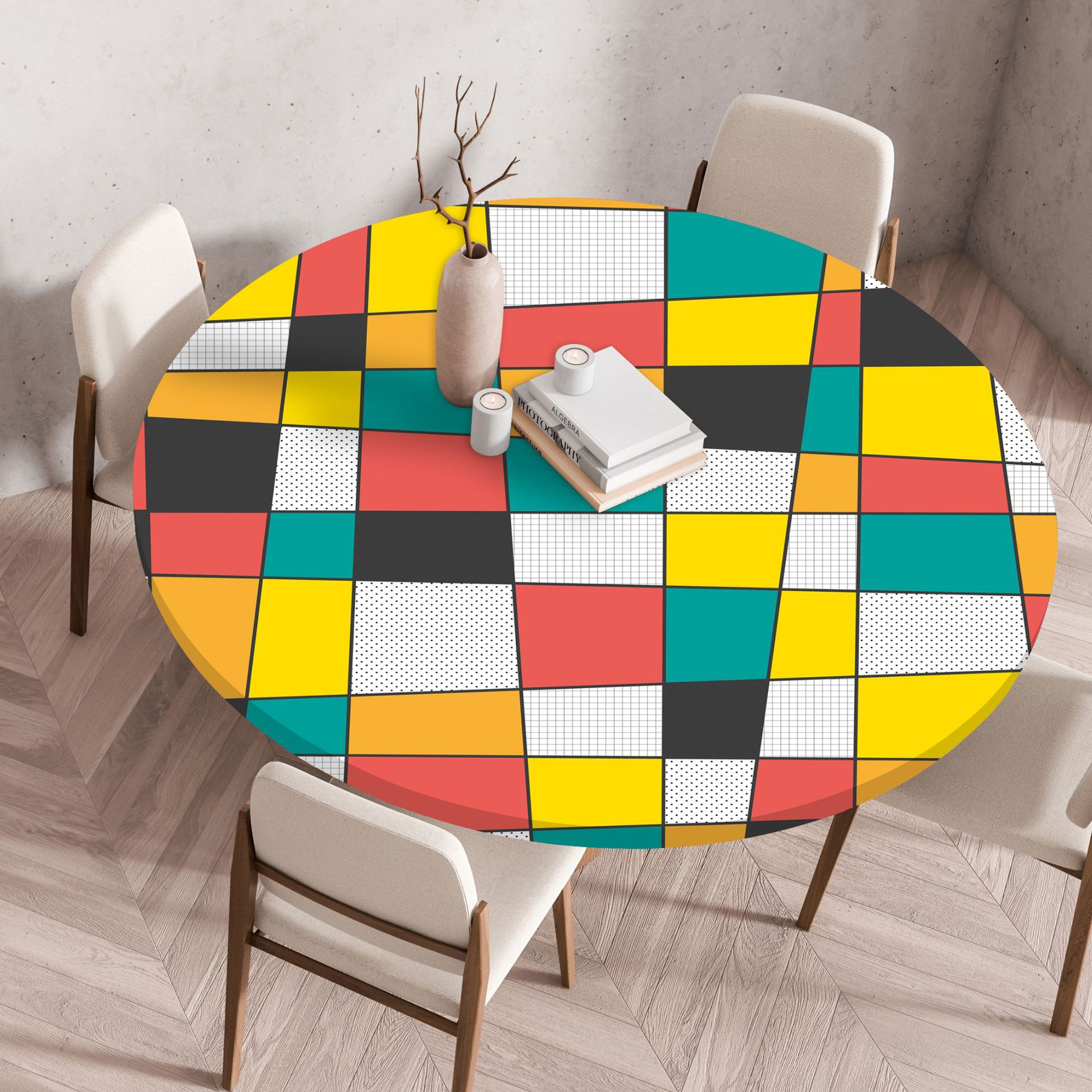 Round table cloth wholesale simple style grid print round table cloth waterproof dining table elastic table cover SRUA01-image-1073453623