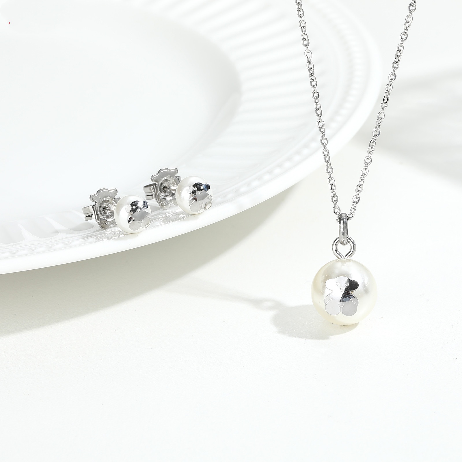 Fashion Women Men Silver Gold Stainless Steel Bear White Round Pearl Cartoon Animal Span Pendant Necklace Earrings Sets Jewelry-image-1073454044