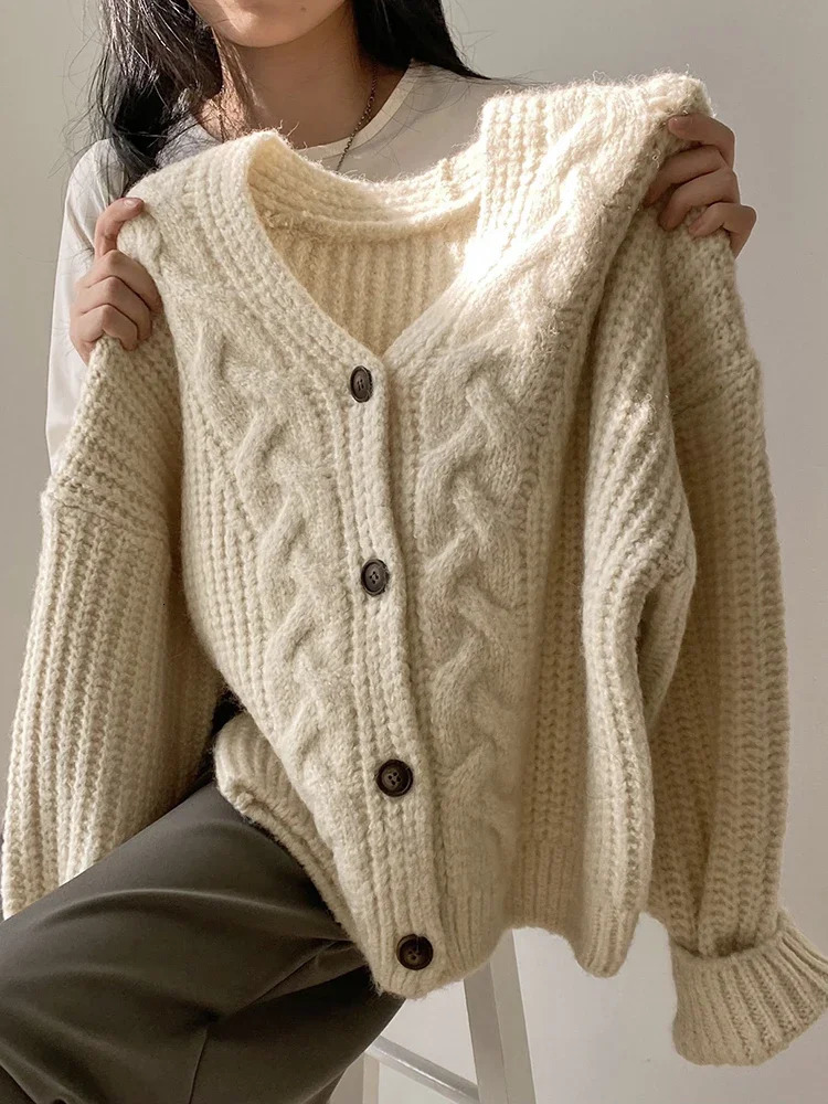 Korean Thick Women Cardigan Knitted Sweater Autumn Winter chic Loose Long Sleeve Tops Simple Solid sweater jacket for Female 250902BJ