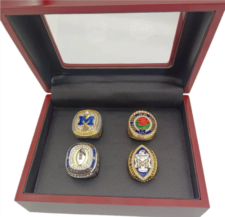2023/2024 Michigan Wolverines National Rose Bowl Big 10 Championship Ring Set with Wooden Display Box Jim Harbaugh Sports Souvenir Fan Men's-image-1073405696