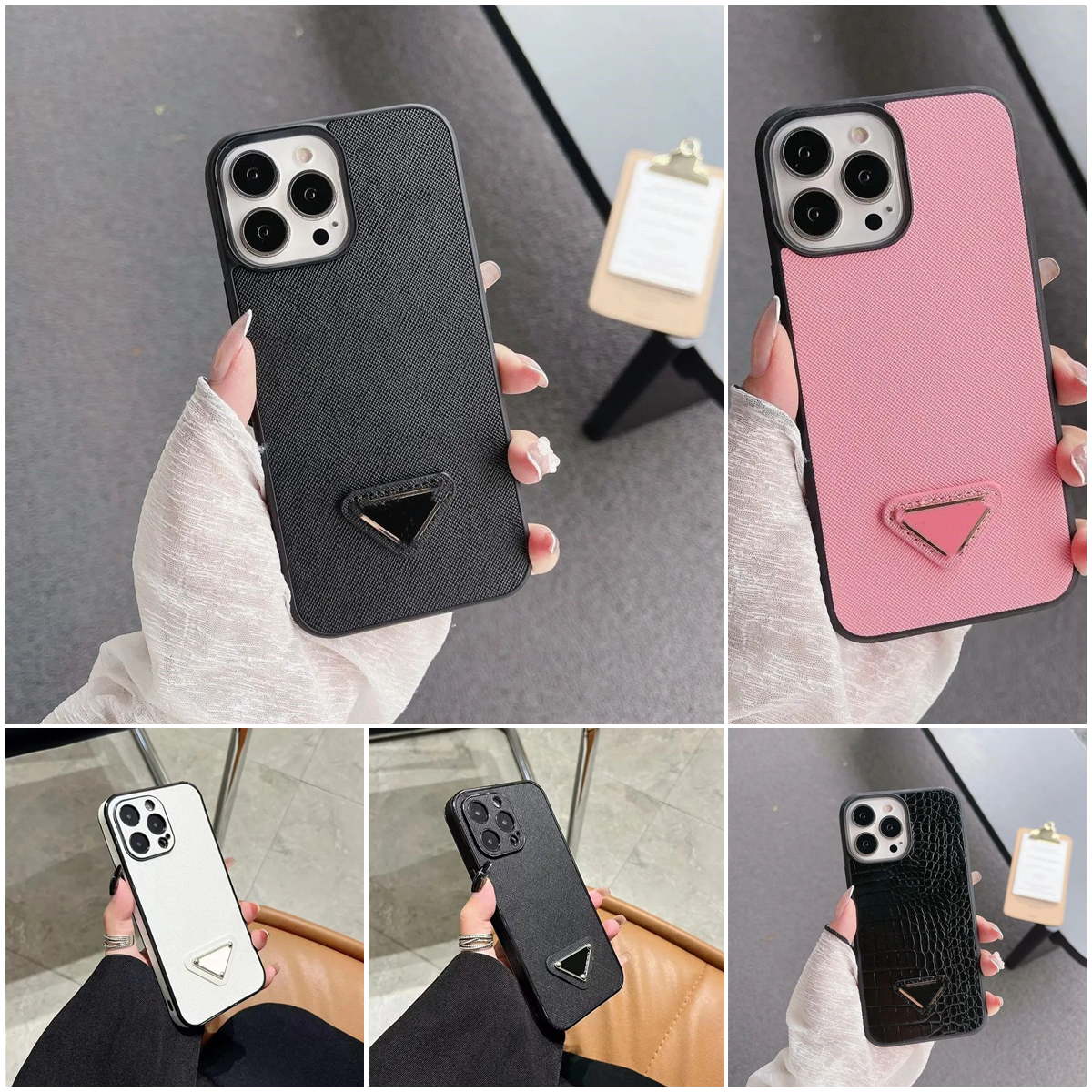 Designer Phone Case triangle for Apple iPhone 16 Pro Max Cases 15 Promax 14 Plus 13 12 11 Luxury PU Leather Full Coverage Lens Velvet Lining Back Co