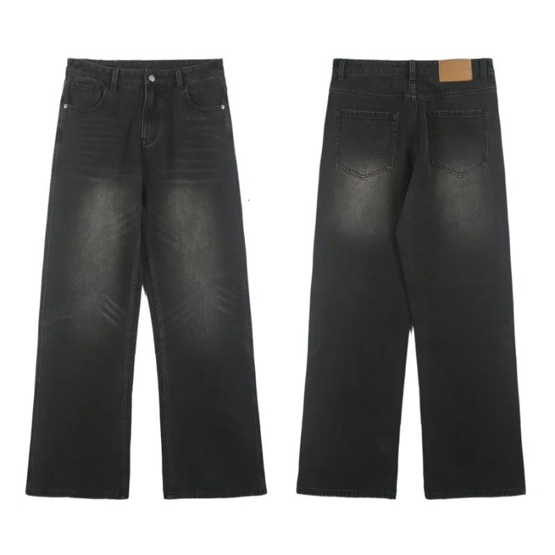 Korean Street Mens Retro Washed Black Jeans Fashionable Loose Straight Tube Cat Whisker Y2k Printed Wide Leg Pants 250902BJ