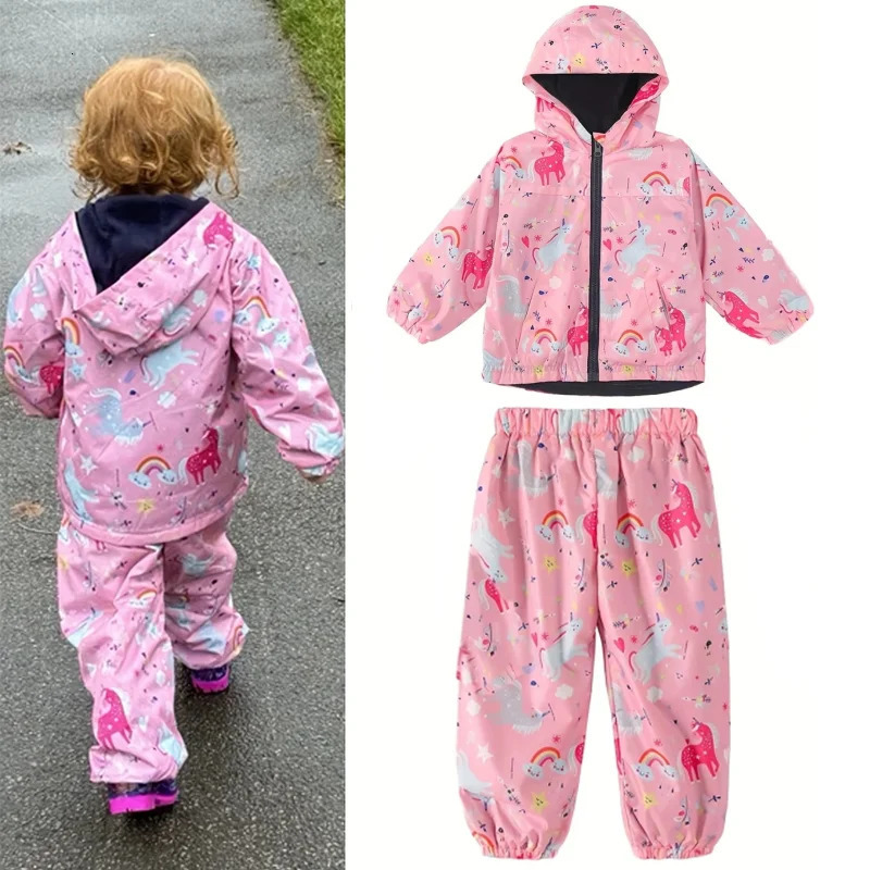 Toddler Boys Girls Long Sleeve Raincoat Waterproof Hooded Jacket Dinosaur CoatPants Suit Kids Coat Windbreaker Casual Outerwear 250901