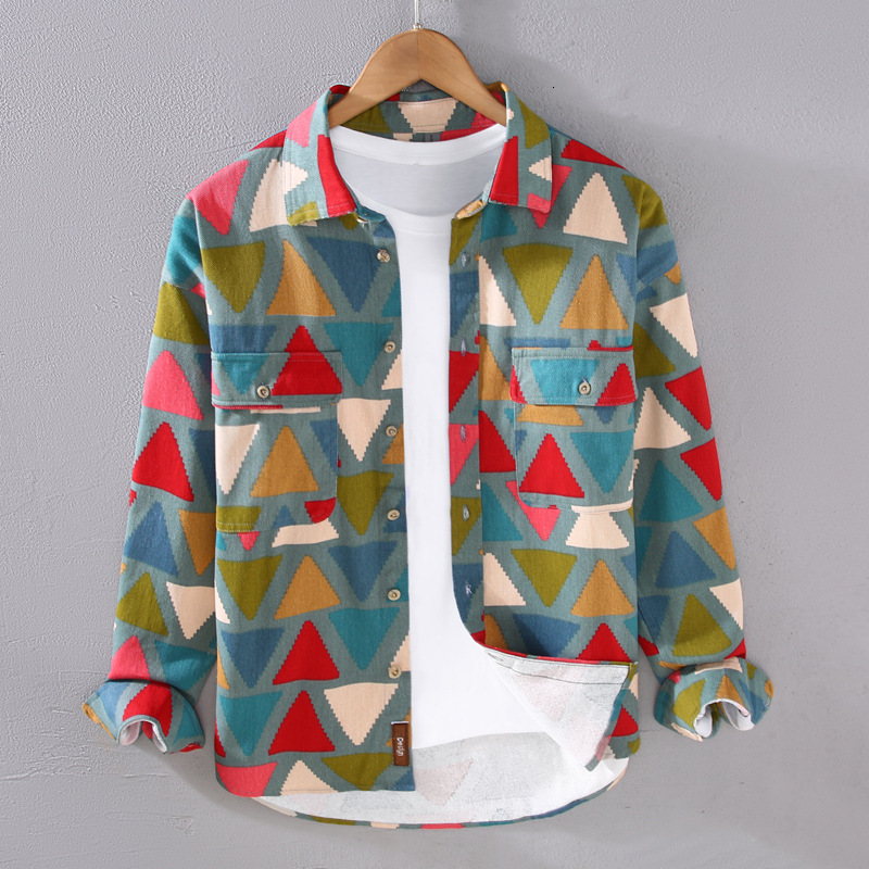 9655 100% cotton spring and autumn fashion mens color printed long sleeved shirt Japanese style geometric fashion casual street top240802