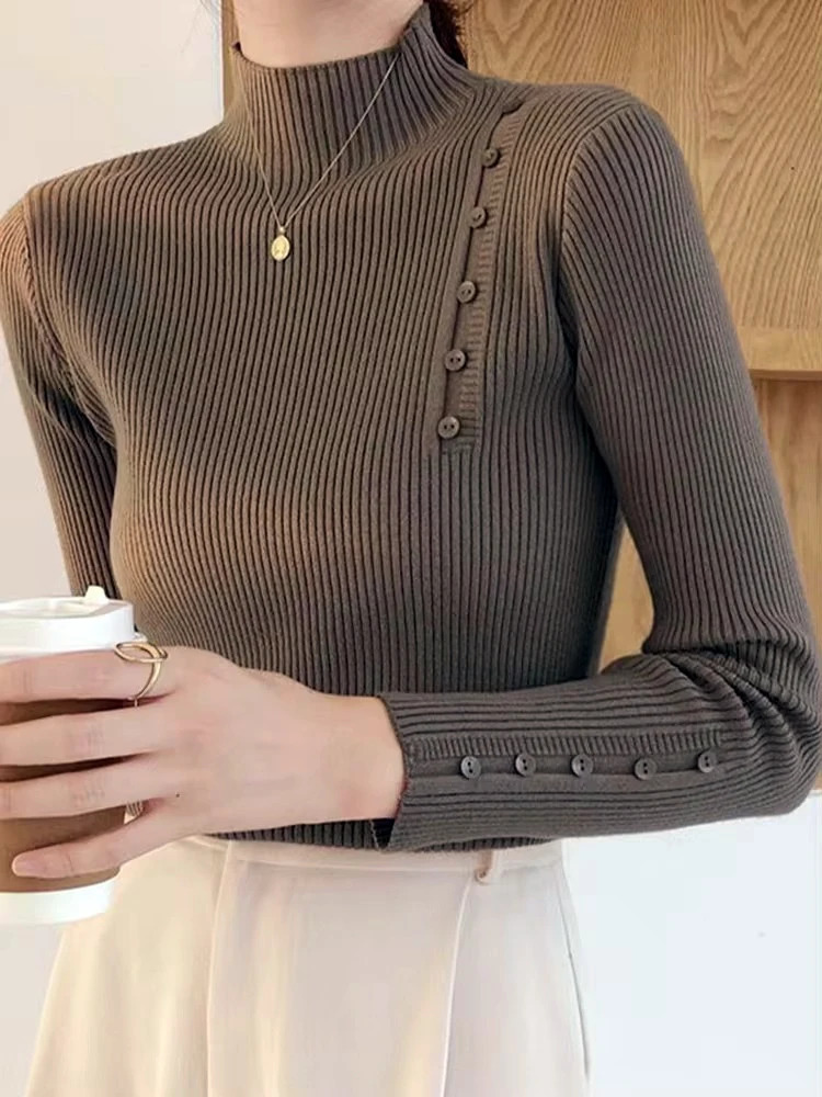 Women Knitted Sweater Long Sleeve Button Turtleneck Slim Pullovers for Autumn Winter Female Sweaters Soft Warm Bottoming Tops 250902BJ