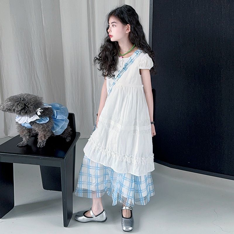 D291 Girls summer suit skirt 2025 new children&#039;s summer big children&#039;s long skirt Western style mesh skirt two-piece suit-image-1073658204