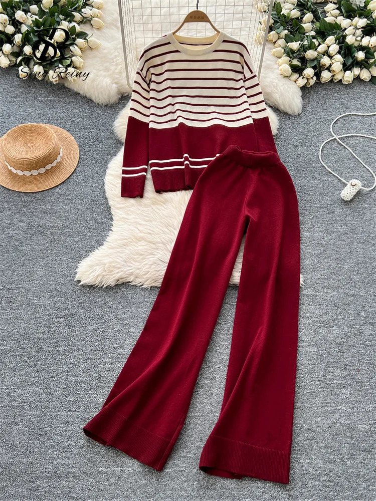SINGREINY Autumn Women Striped Suits O Neck Long Sleeves Warm TopElastic Long Pants Casual Loose Sweater Two Pieces Sets 250815