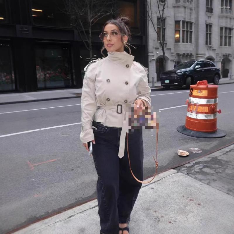 Women Cropped Trench Coat Stand Collar Double Breasted Belted Short Windbreaker Jacket Ladies Elegant Slim Waist Outerwear