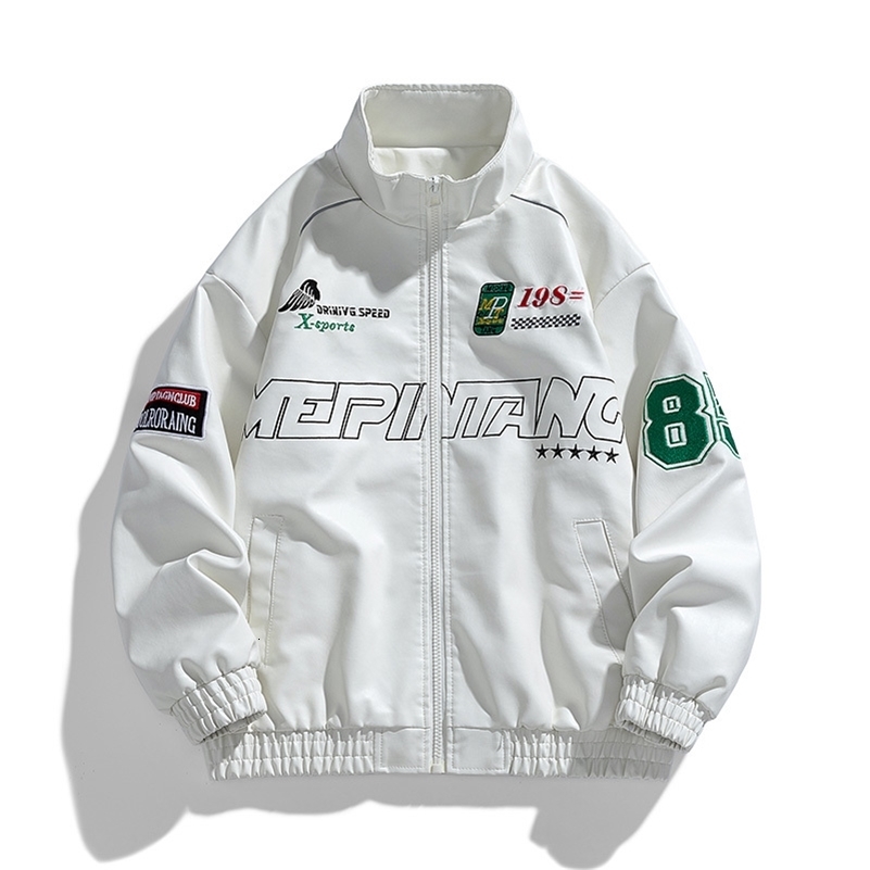 Mens Leather Jacket Pu Letter Embroidery Motorcycle Jacket Retro Hip Hop Windbreaker Biker Coat Street Fashion Black White Green 250920