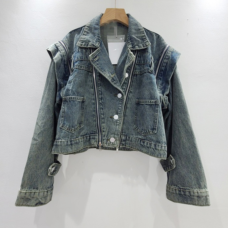 2023 Autumn New Hong Kong Style Vintage Short Denim Jacket for Women Loose Slim Stand Collar Jacket Trendy