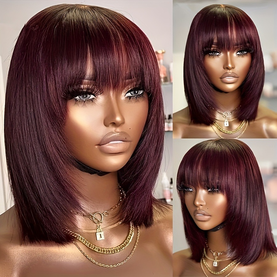 99J Bourgogne 13x4 Bob Lace Lace Lace Perruques avant humains Perrues de cheveux humains courts courts avec bang HD Perruques en dentelle complèt