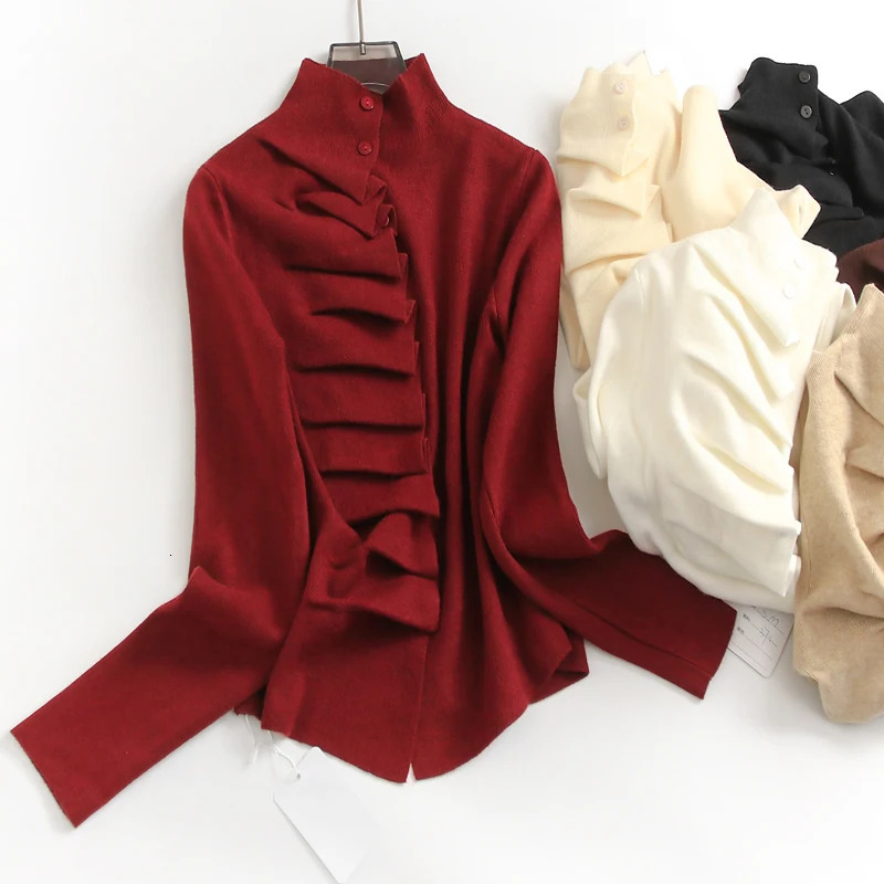 Solid Color Pleated Turtleneck Knitted Sweater Women Autumn Winter High End Stylish Slim Long Sleeve Pullovers Womens Tops 250904BJ