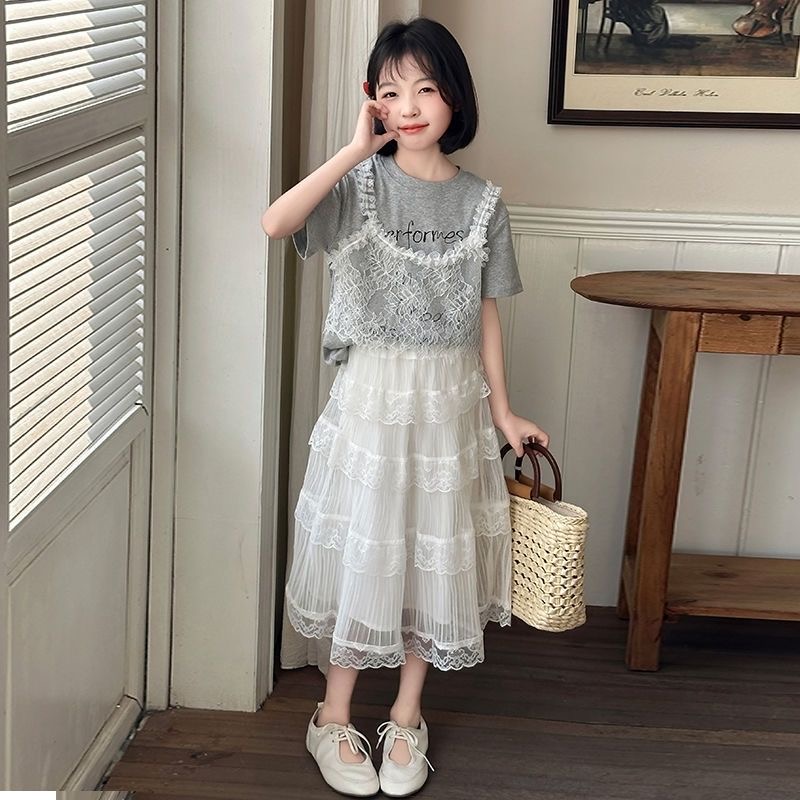 D298 Girls princess dress summer suit 2025 new children&#039;s mesh cake skirt little girl stylish skirt two-piece suit-image-1073825938