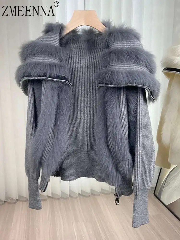 ZMEENNA Fashion Fox Fur Coat Short Autumn Zipper Top Patchwork Plush Elegant Womens Clothing Winter Knitt Cardigan Sweater 250904BJ