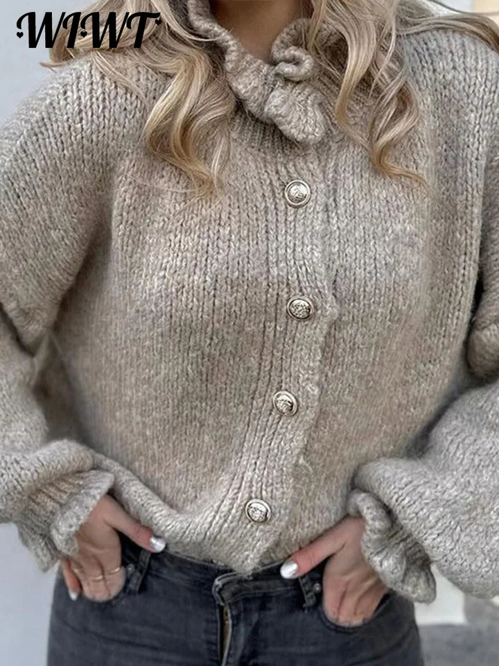 Casual Flare Sleeve Cardiagn Women Solid Long Sleeved Single Breasted Turtleneck Sweater Autumn Lady Sweet Top Knitwear 250904BJ
