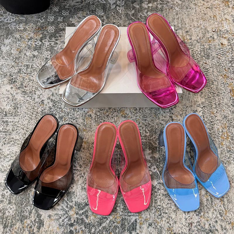 Nouvelle série de pvc pantoufles de mule sandales ouvertes ouvertes transparent talons talons sômes sômes de concepteurs de luxe pour femmes chau