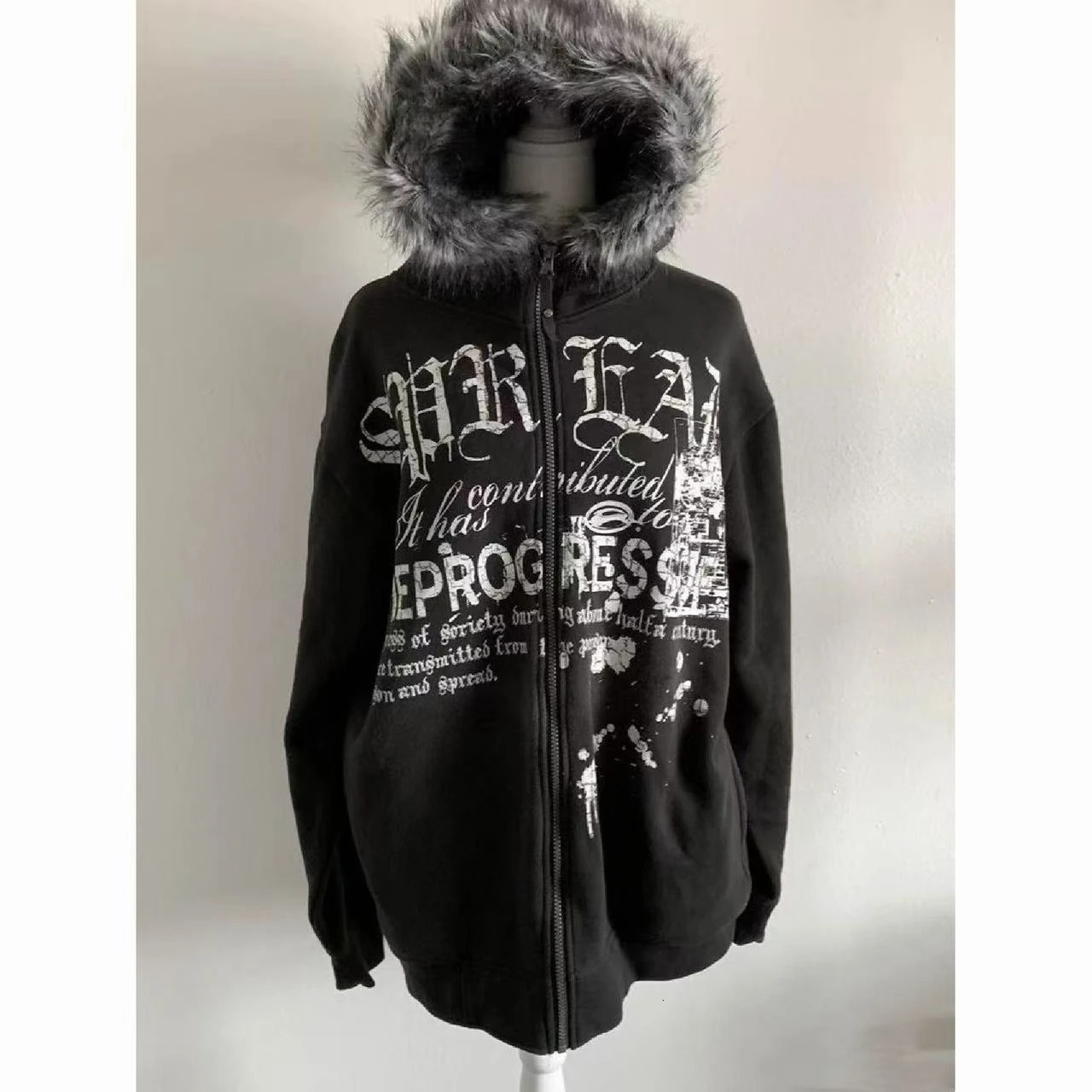 Korean Fashion Sweatshirts Harajuku Gothic Printed Coats Jackets Subculture Vintage Faux Fur Hooded Women Casual Y2k Clothing 250920