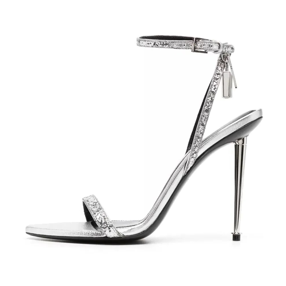 Naked Padlock Embellished Sandals Silver sparkling sequins Ankle-Strap stiletto Heels Evening Pointed shoes 10cmWomen's heeled Luxury Design-image-904234663