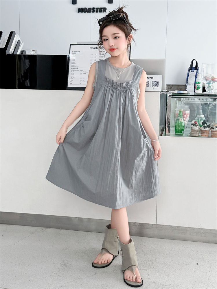 D303 Girls&#039; super beautiful summer skirt suit 2025 new thin style fashionable children&#039;s short-sleeved half-length skirt for girls-image-1073969724