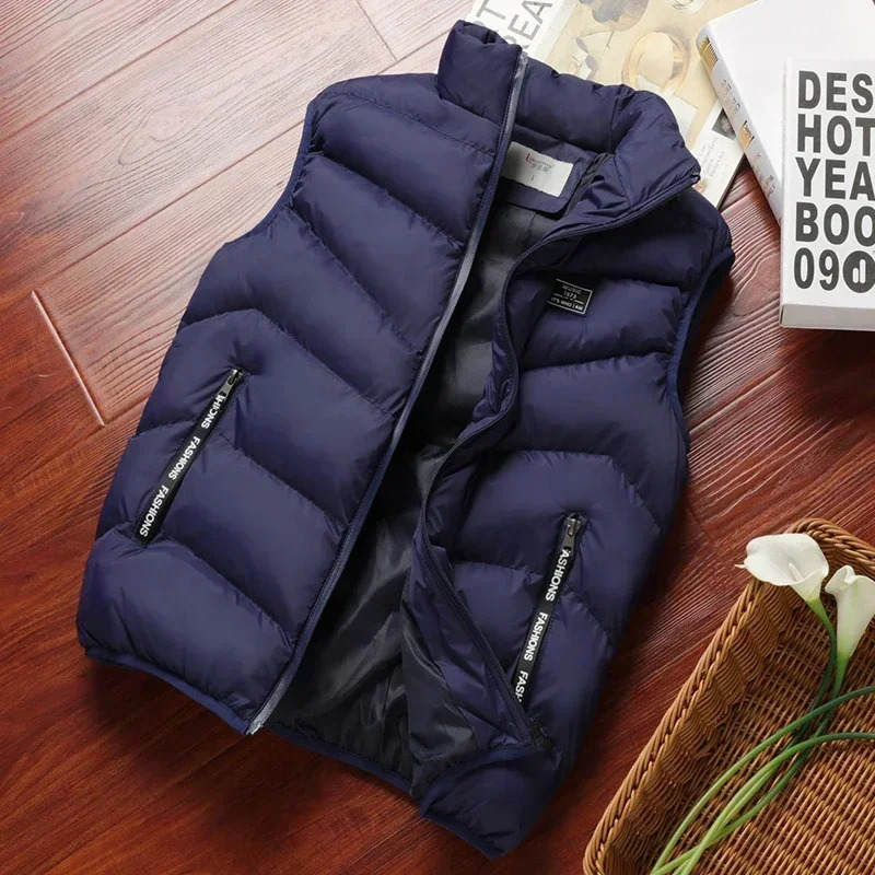 Winter Warm Mens Jacket Sleeveless Zipper Vest Solid Casual Vests Male CottonPadded Thickened Stand Collar Wear Outside 250920