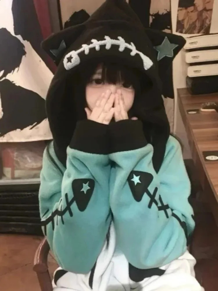 Contrast Color Kawaii Fish Bone Hoodies Women Vintage Y2k Aesthetic Oversized Streetwear Hoody Harajuku Grunge Zipper Sweatshirt 250904
