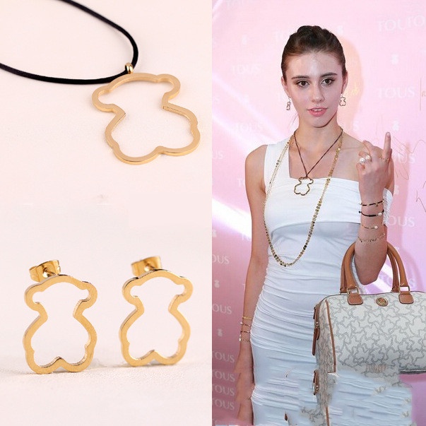 Hot Sale Fashion Women Men Silver Gold Stainless Steel Bear Color Drop Oil Hollow Cartoon Animal Span Pendant Necklace Earrings Sets Jewelry-image-1073938100