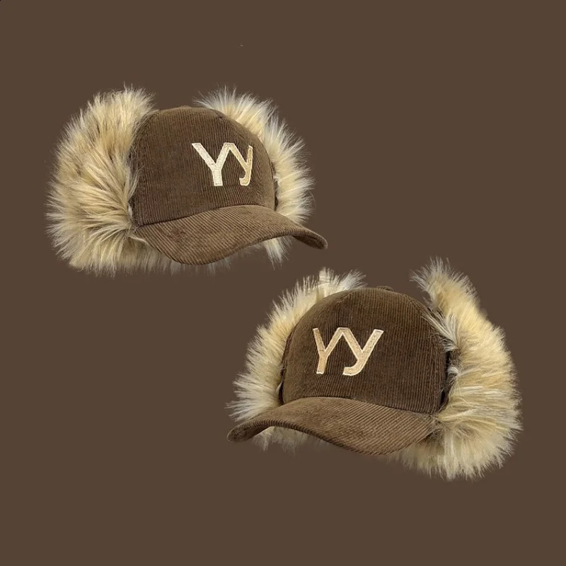 Winter Corduroy Baseball Caps For Women Men Fashion Warm Thick Furry Faux Fur Earflap Hats Retro Letter Embroidery Hat edgy