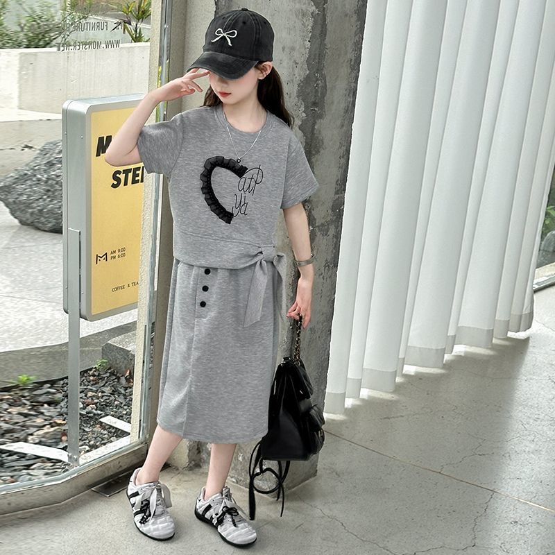 D302 Girls&#039; suit skirt summer new Korean style fashionable middle and large children&#039;s Internet celebrity girl sports leisure two-piece-image-1073969468